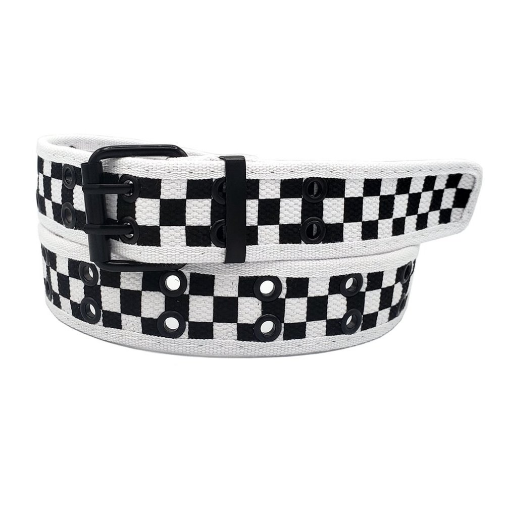 White and Black Checkered 2 Holes Row Grommet Canvas Fabric Web Belt Size Medium